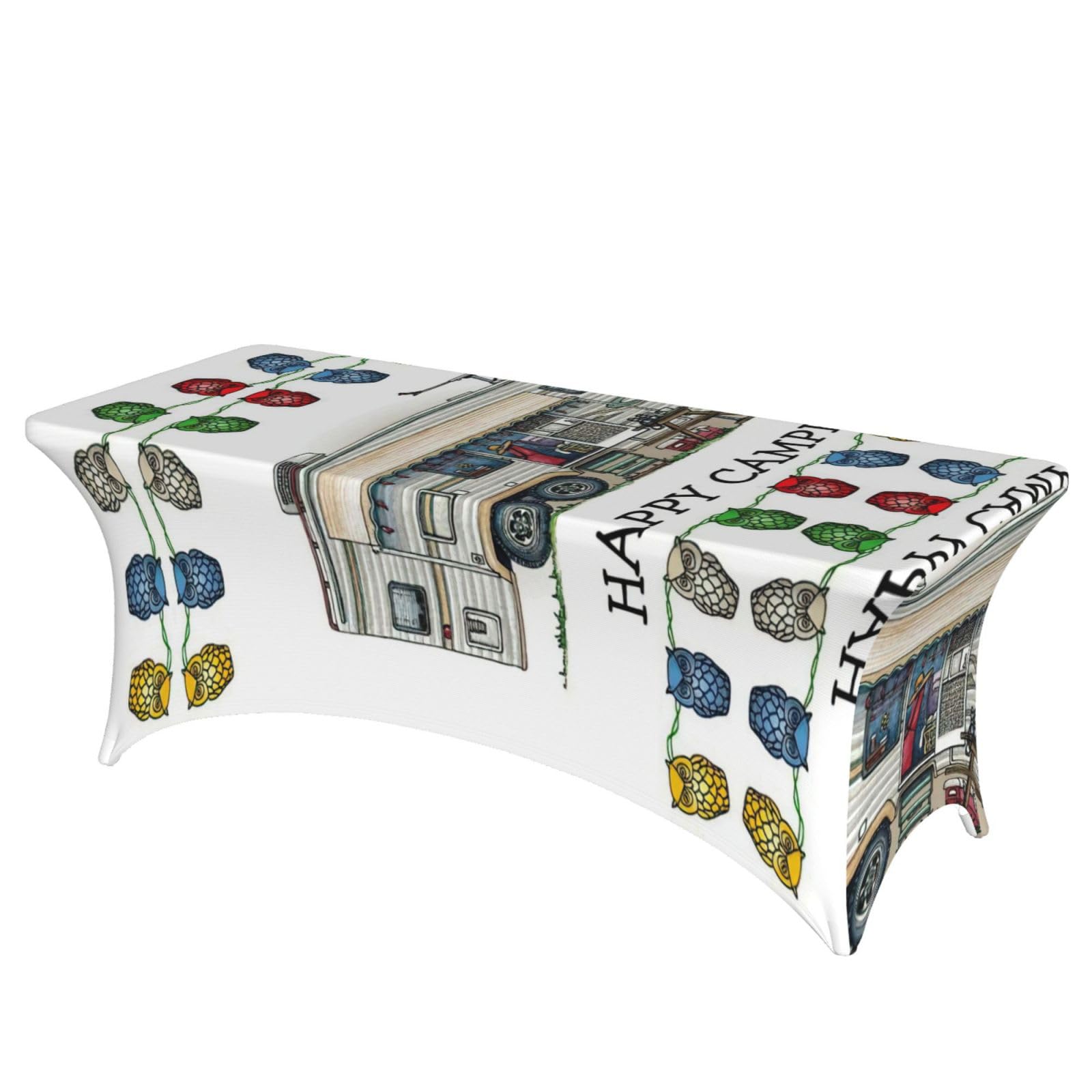 Nappe extensible élasthanne 1,8 m imprimée Happy Camper lavable pour banquet et fête