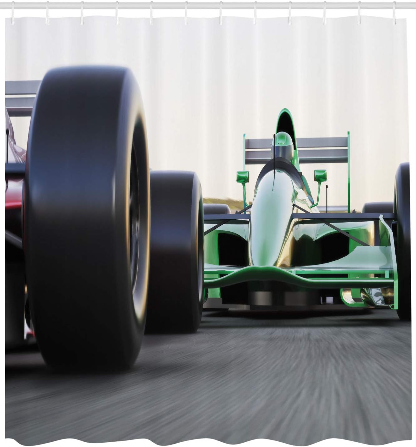 Ambesonne Cars Shower Curtain, Sports Theme Indy Vehicles on an Asphalt Road Motion Blur Formula Race Print, Cloth Fabric Bathroom Decor Set with Hooks, 69" W x 84" L, Green Grey