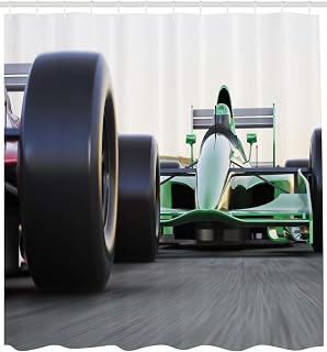 Ambesonne Cars Shower Curtain, Sports Theme Indy Vehicles on an Asphalt Road Motion Blur Formula Race Print, Cloth Fabric Bathroom Decor Set with Hooks, Green Grey