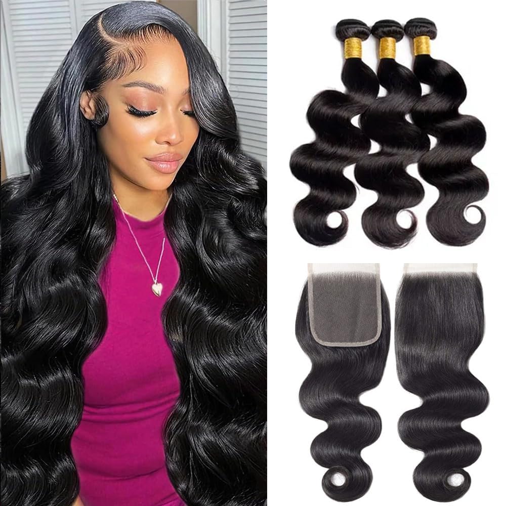 Human Hair Bundles with Closure 22 24 26+20 Zoll 4X4 HD Lace Closure 100% Brazilian Virgin Human Hair 3 Bundles with Closure