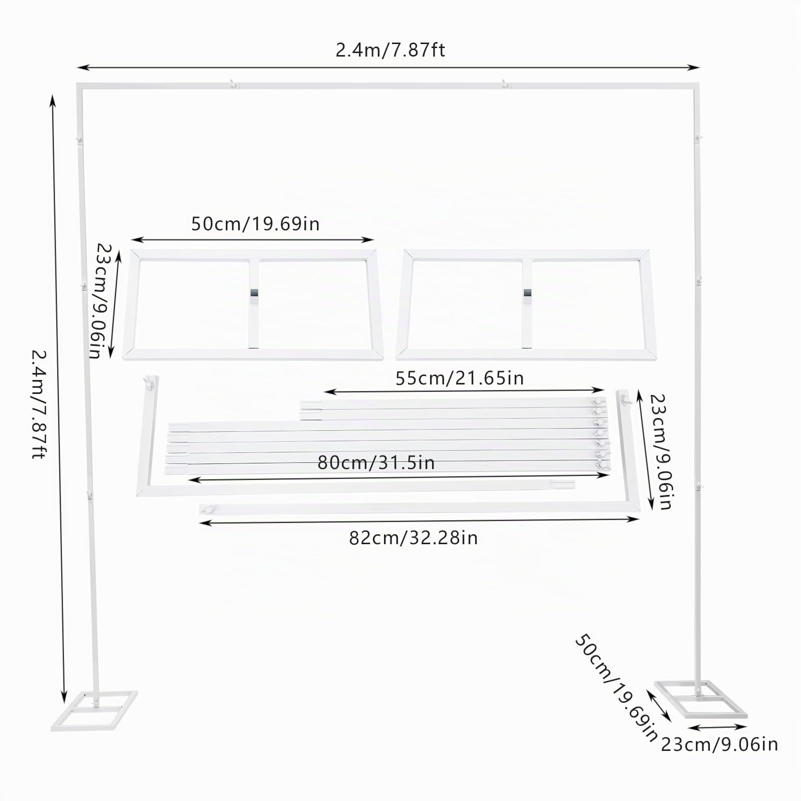 Structure de support pour arc de mariage, décoration en métal de 2,4x2,4m, arc à ballons en métal, cadre métallique pour arc de mariage, arc de jardin pour fête, arc nuptial de mariage (Blanc)
