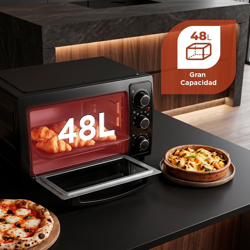 Four de table 48 l, convection, 5 fonctions de cuisson, 2000 W, contrôle mécanique, température max 230°, minuterie 60 min, avec plateau, grille métallique et pierre à pizza