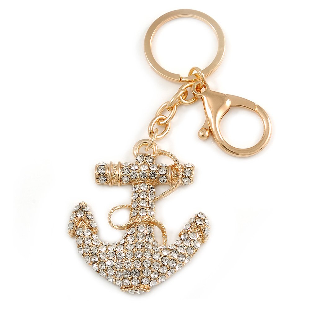 Avalaya White / Ivory, Gold Clear Crystal Anchor Keyring/Bag Charm In Gold Tone - 10Cm L