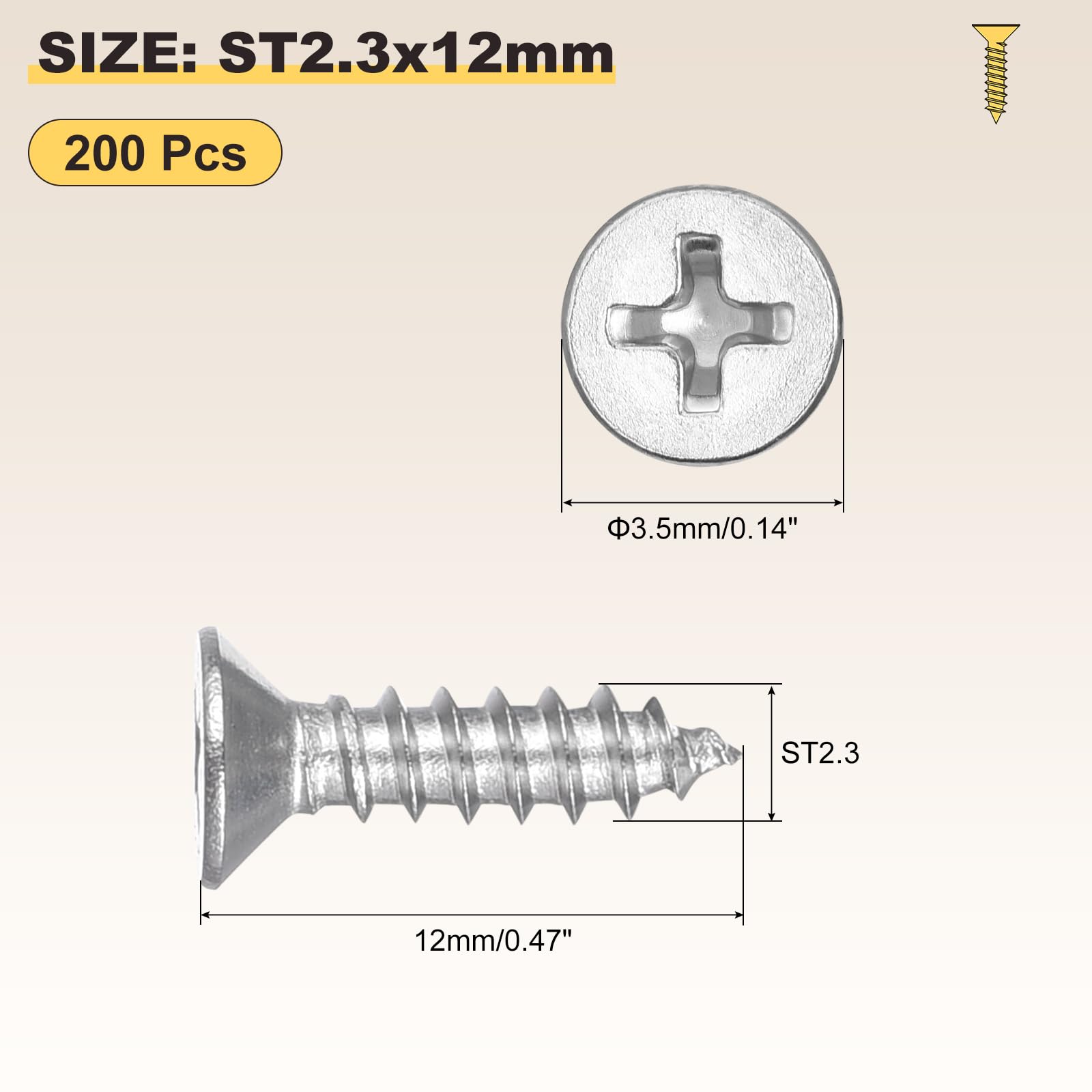 METALLIXITY Countersunk Phillips Wood Screws (ST2.3x12mm) 200Pcs - Image 2