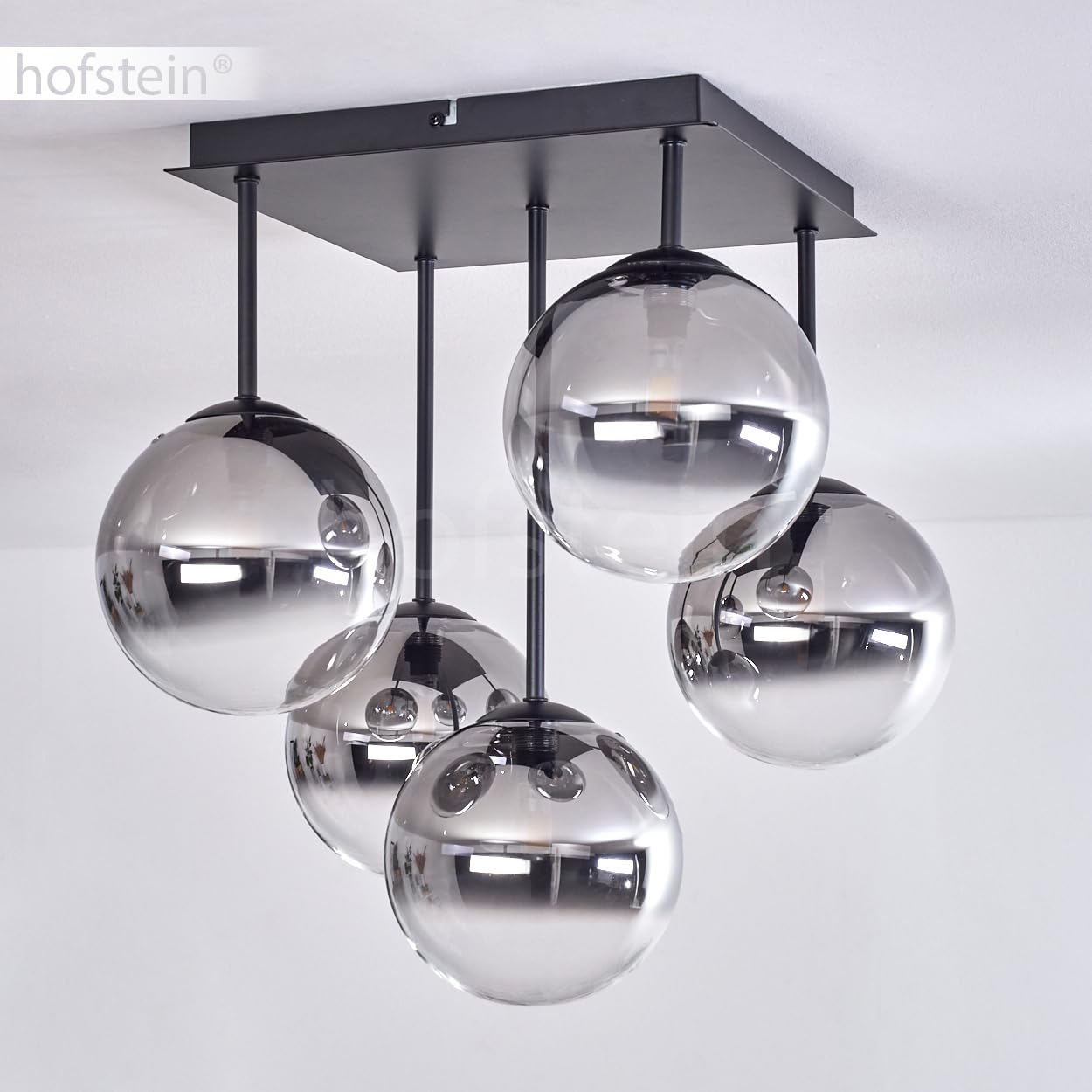 HOFSTEIN Deckenleuchte Chehalis, 5-flammige Deckenlampe aus Metall/Glas in Schwarz/Rauchfarben/Klar, Leuchte im Retro/Vintage-Design, Ø Schirme 15 cm, G9, Esszimmer, Schlafzimmer, Wohnzimmer, Küche