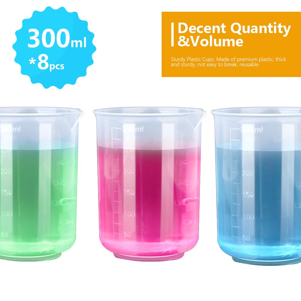 8 tazas de mezcla de resina, vasos medidores de plástico de 10.08 onzas líquidas para resina, tazas de mezcla de pintura, vasos de plástico, vasos medidores de líquidos, con 50 varillas de 2