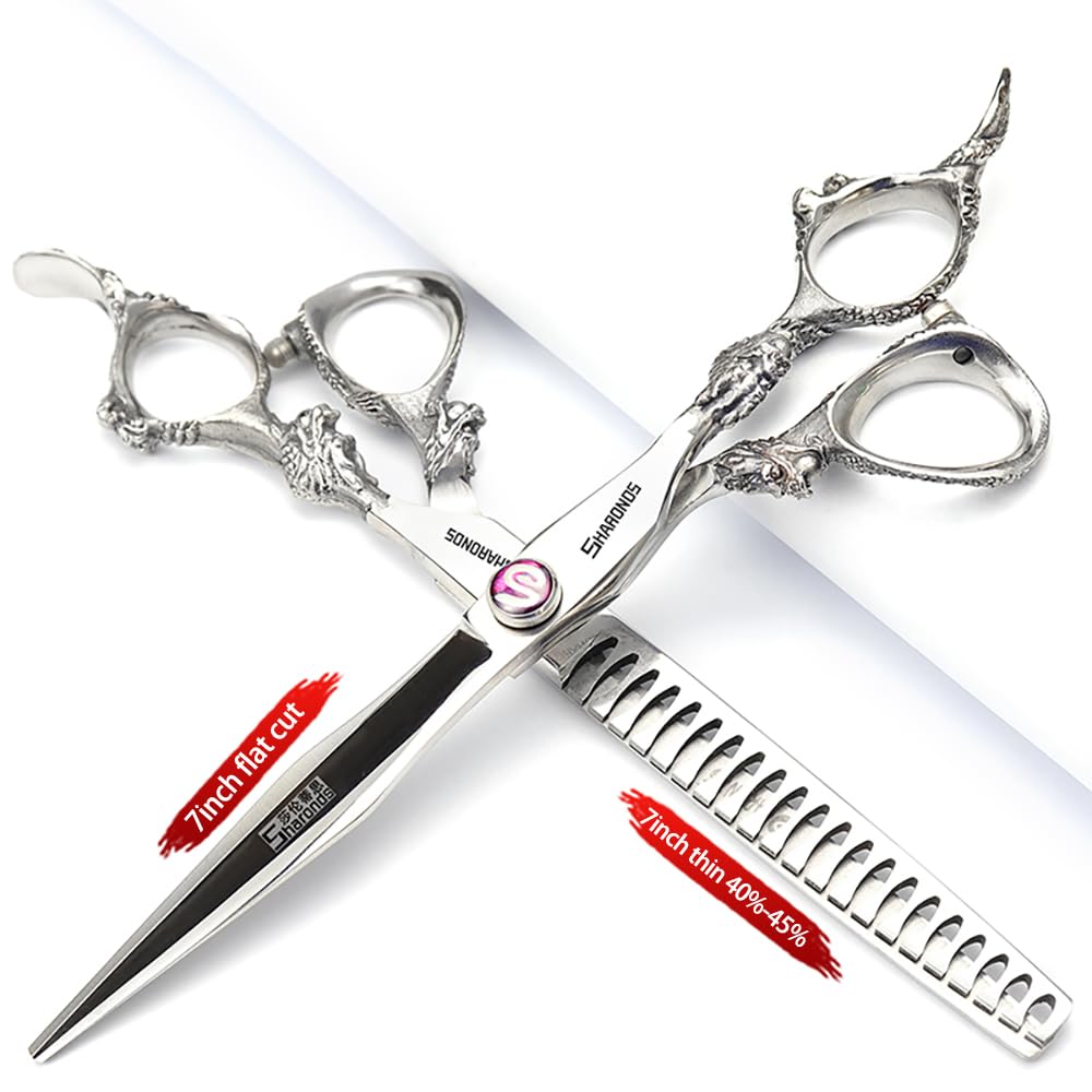 SHARONDS Hair Cutting Scissors Hairdressing Scissors Thinning Scissor Professional Barber Salon Home Shear For Men Women (7-inch 2pc-A)