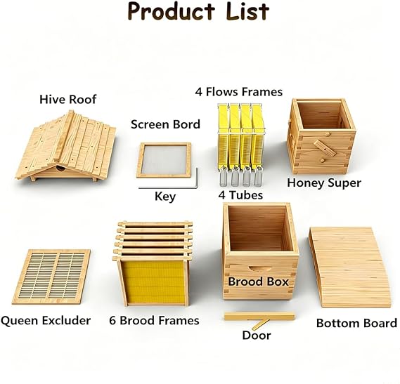 Compact Self-Flow Beehive Starter Kit, Automatic Wooden Hive Box with Observation Window for Beginner Beekeepers, Small Garden Use