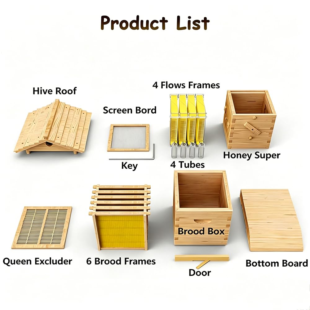Kit de iniciación de colmena, caja de abejas de madera autofloreciente con marcos, bandejas de panal para principiantes y aficionados