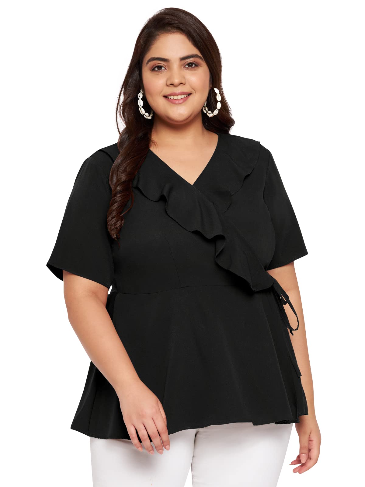 wild UWomen Plus Size Ruffle Wrap Peplum Western Stylish Latest Trendy Top (Black, Size: 3XL-8XL)