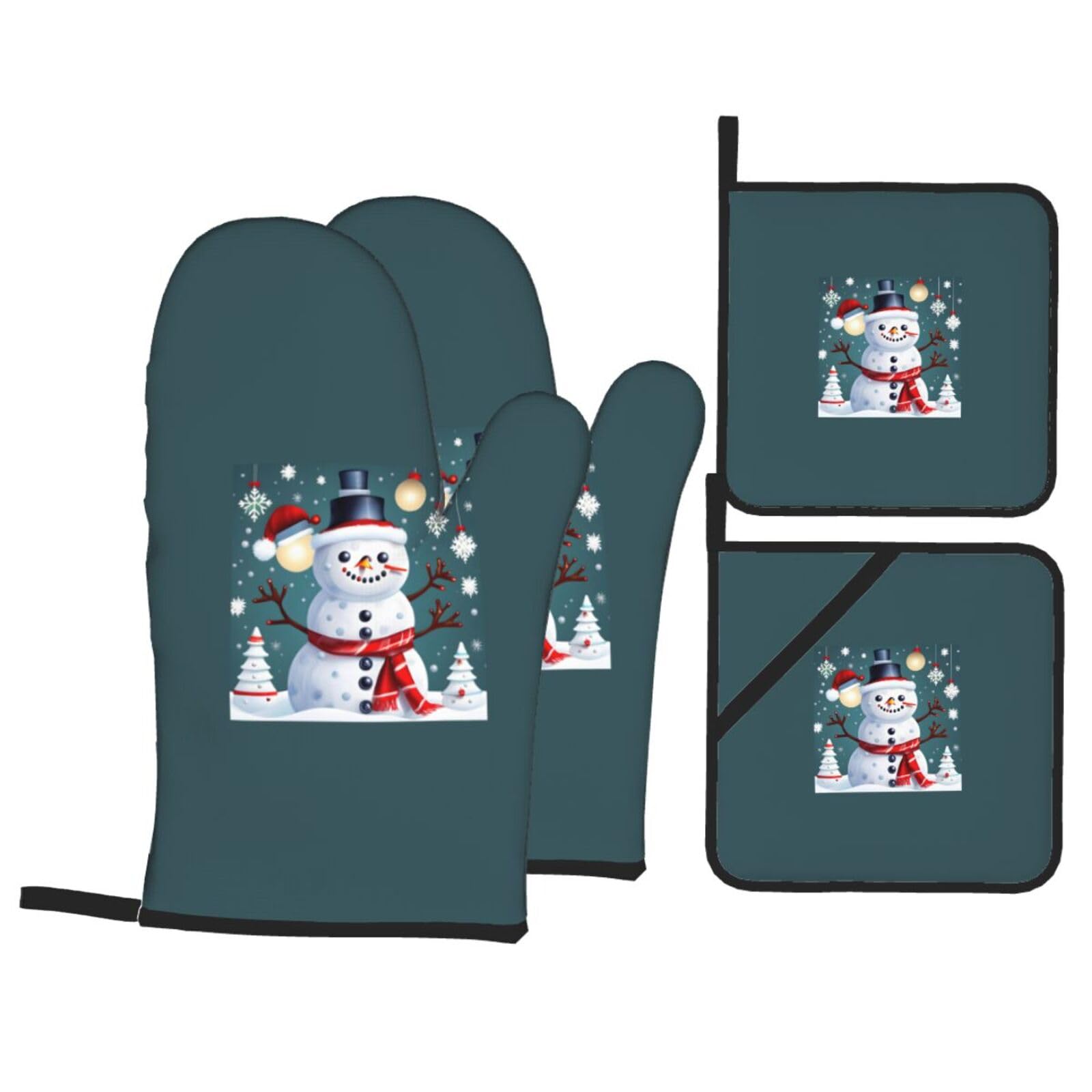 Christmas Happy Snowmans Print 4-Piece Oven Microwaving Set Kitchen Gloves for Holiday Cooking Baking Grilling