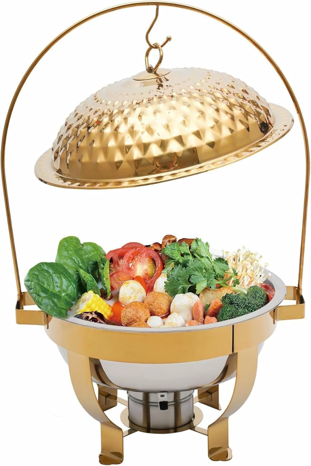 Buffet Set with Food Warmer, Round Gold Food Warmers with Gold Hanging Lid for Dining Stove, Stainless Steel, Round Food Warmer, Stainless Steel, Freestanding~,Gold-4.5l