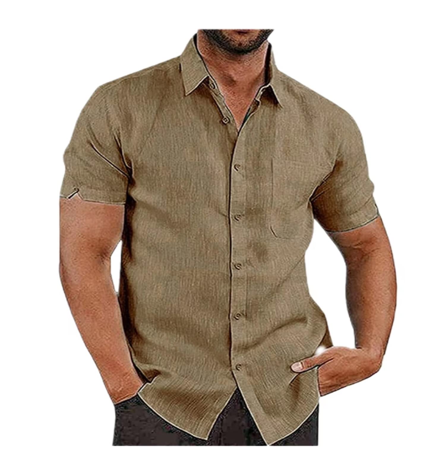Chemise en lin homme premium marron XXL coupe droite avec poche finitions soignées