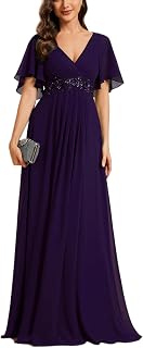 Formal Dresses for Women A-Line V-Neck Ruched Short Sleeves Applique Waist Mother of Bride Dress