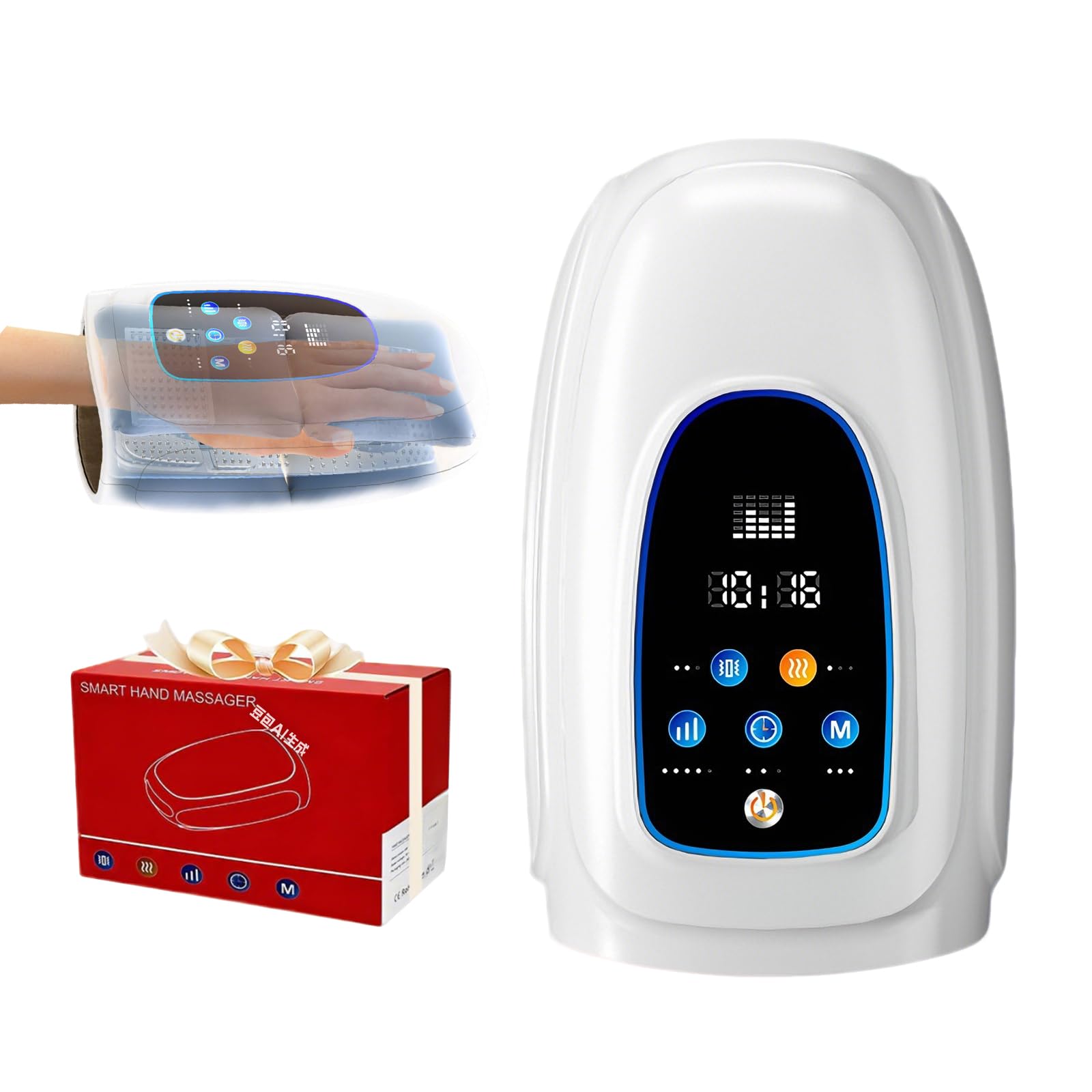 Masseur Électrique pour les Mains, Masseur Électrique avec Chaleur et Compression, Masseur de Main avec 3 Modes et 5 Niveaux Réglables, Cadeaux pour la Famille, Blanc