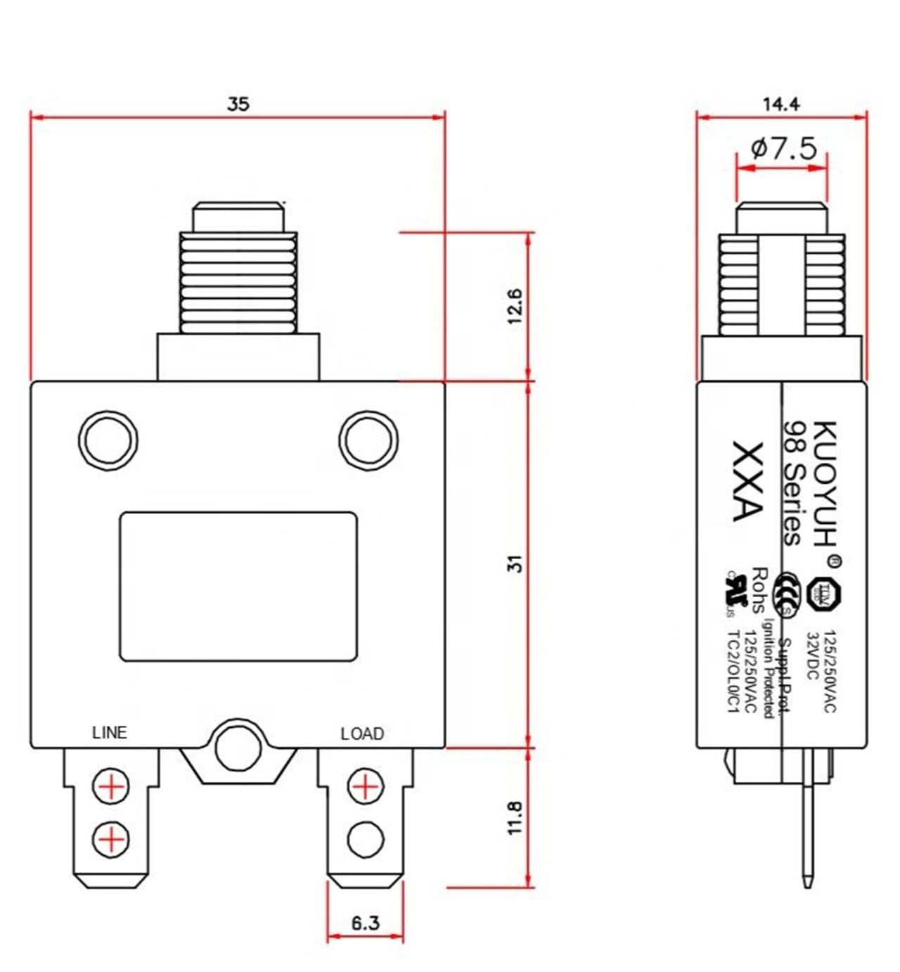 1 x KUOYUH 98 Serie 125/250VAC 32V DC 50/60Hz Druckknopf Manuelle Reset Thermo-Überlastungsschutzschalter mit transparenter, wasserdichter Staubkappe 3-70A (20A 1pc)