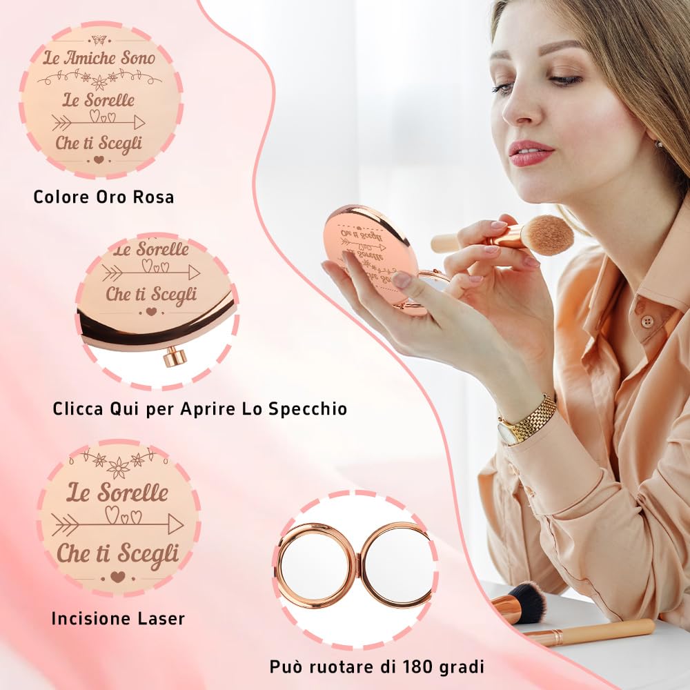 Regalo Amica Specchio Compacto, regalo per migliore amica Compacta Specchio Trucco Regali Originali Per Amiche San Valentino, Natale, Compleanno, Regali Amiche, Ingranditore x1 / x2