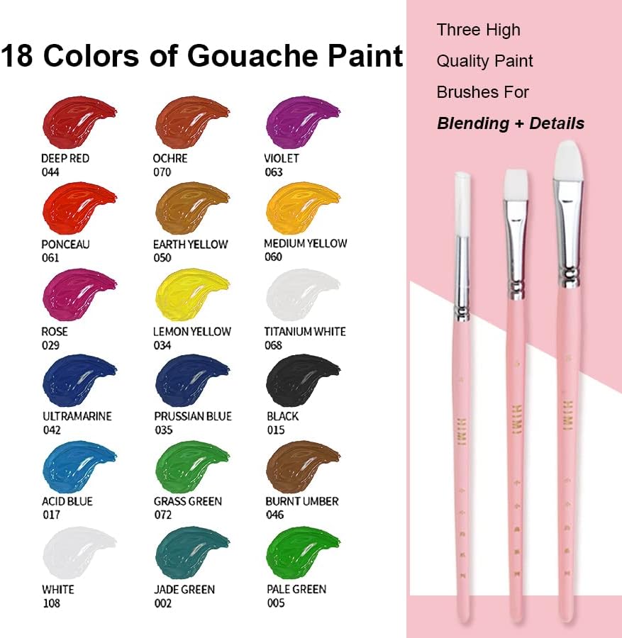 HIMI Gouache Paint Set, Set of 18 Colors (30ml/Pc) , New Unique Jelly Cup Design , Art supplies for Artist, art lover & Kids, Ideal for Canvas Painting, With Pen Slot (pink)