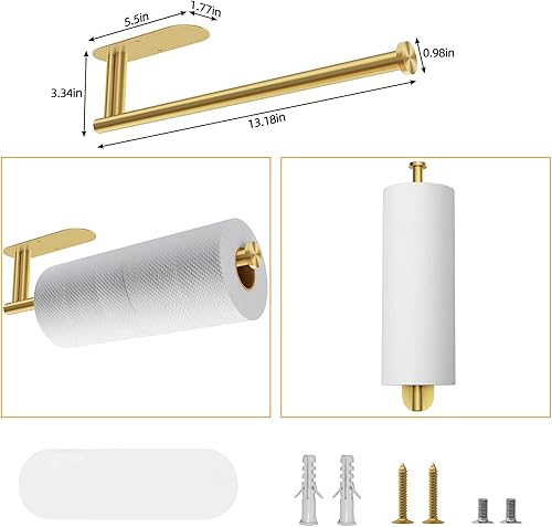 Miniatura 6 de Soporte para toallas de papel debajo del gabinete, autoadhesivo o perforado, soporte para rollos de papel para cocina, dorado (2 piezas)