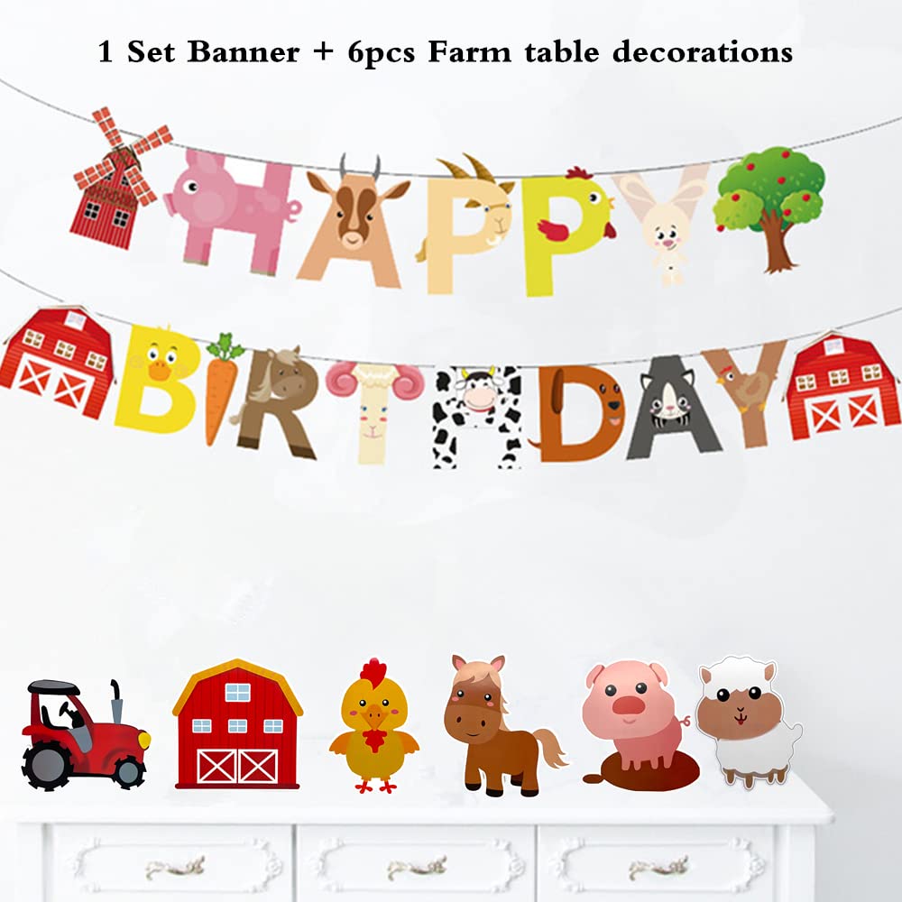 7 Pcs Farm Themed Party Supplies,Include Farm Animals Centerpieces and Farm Happy Birthday Banner, Indoor and Outdoor Table Decorations for Farm Animals 3D Table Decoration