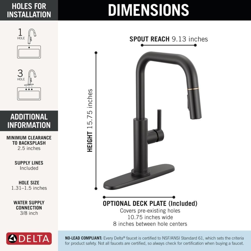 Delta Nicoli Black & Brushed Gold U-Spout Kitchen Faucet with Pull Down Sprayer, Modern Single Hole Kitchen Sink Faucet, Single Handle, Matte Black/Champagne Bronze 19868LF-GZ