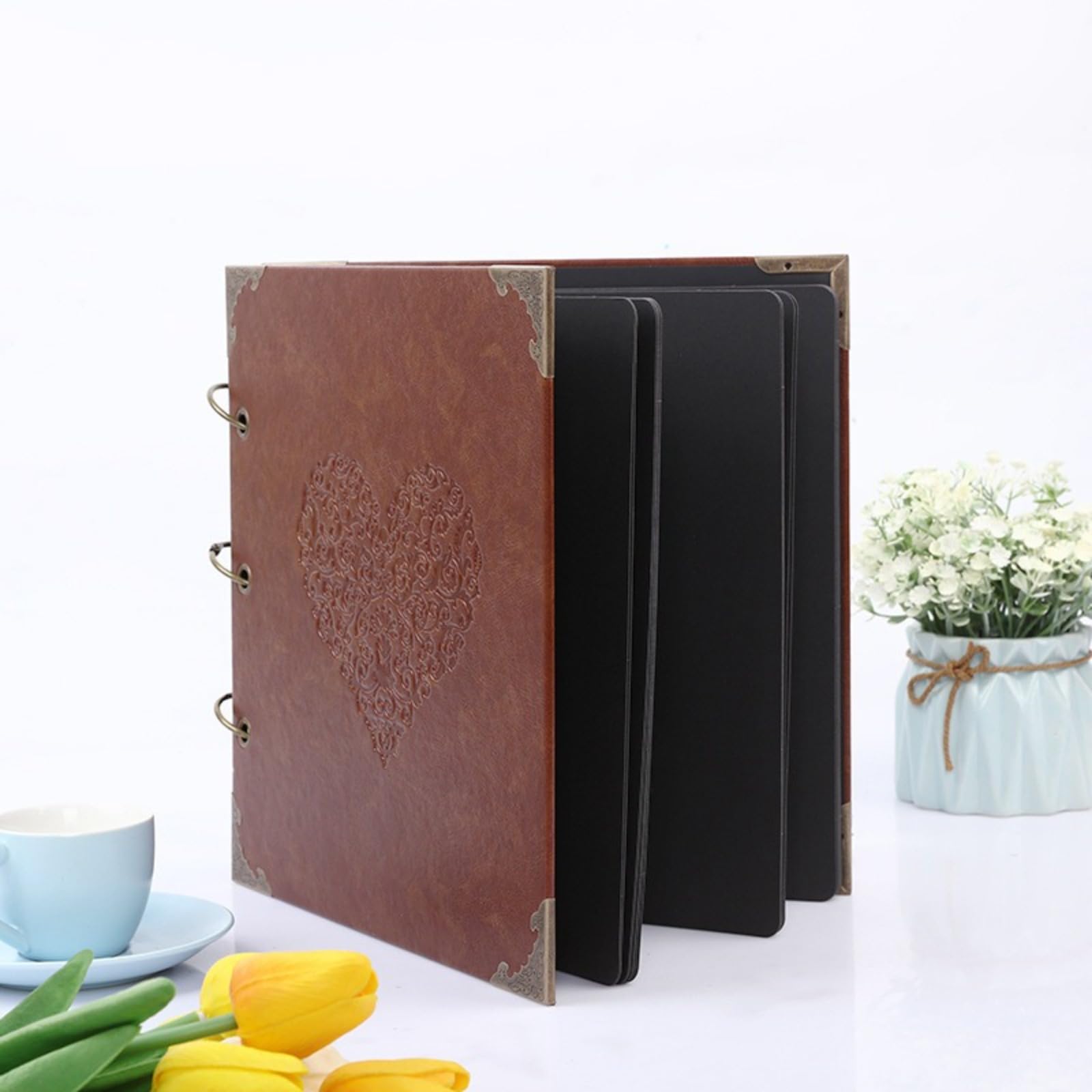 Álbum de fotos de cuero PU de 10 pulgadas, álbum de recortes de cartulina negra con anillas de hierro, álbum DIY para pegar a mano, ideal para aniversarios, viajes y vacaciones.