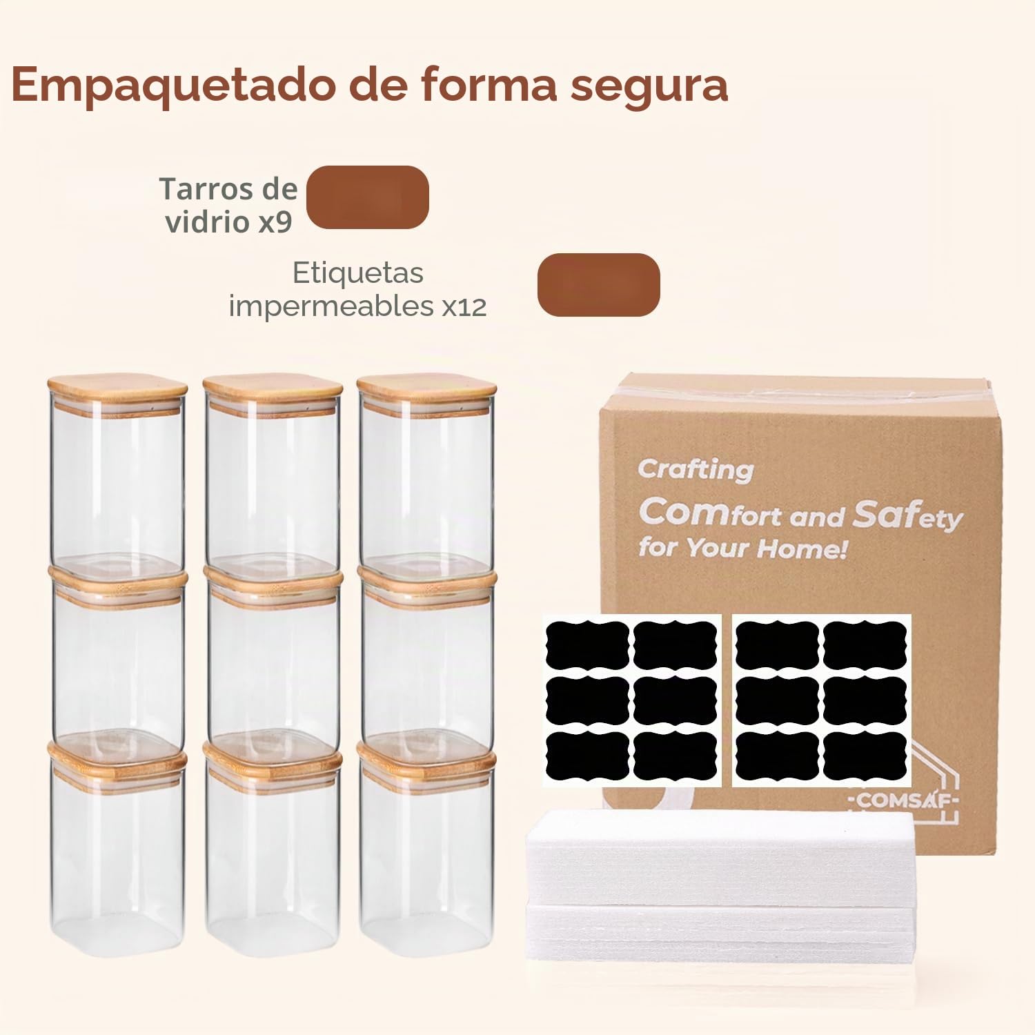 ComSaf Tarros de cristal con tapa 1,1 L, pack de 9 para cocina y despensa | Frascos de vidrio, Botes cocina almacenaje, Tapas de bambú, Garbanzos, Azúcar blanco, Pimentón dulce, Vidrio borosilicato