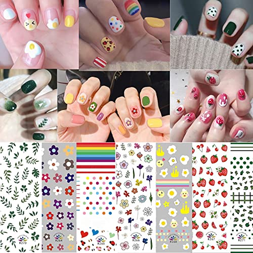 7 Sheets Flowers Nail Stickers,3D Self Adhesive Flower Rainbow Love Heart Egg Chick Strawberry Leaf Nail Art Decals for Acrylic Nail Supplies, DIY Manicure Nail Decoration Nail Accessories