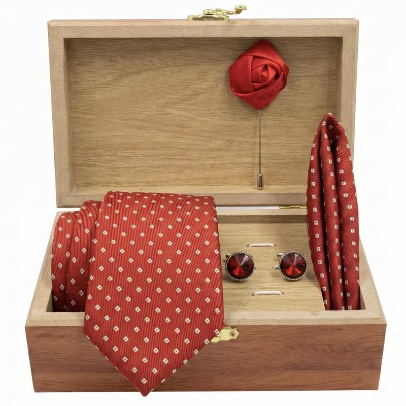Image of Men's Necktie Gift Set with Wooden Box | Premium Tie, Pocket Square, Cufflinks & Lapel Pin | Elegant Formal Accessories Gift for Men