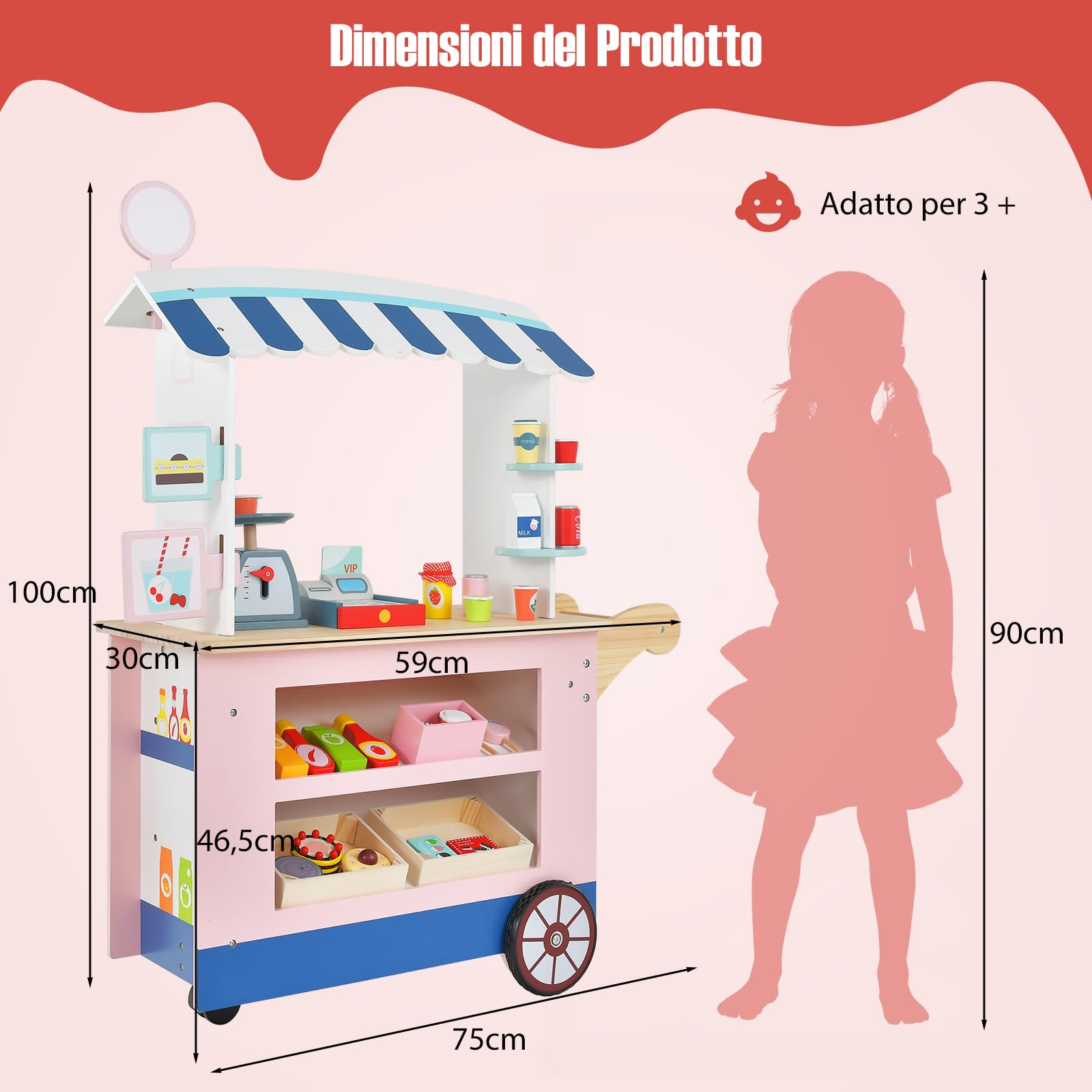 COSTWAY Bancarella Giocattolo per Bambini in Legno, Supermercato Giocattolo per Bambini con POS Bilancia Mensole e Ripiani, 1 Ruota Piroettante e 2 Ruote Grandi, 3 Anni+ (Rosa)