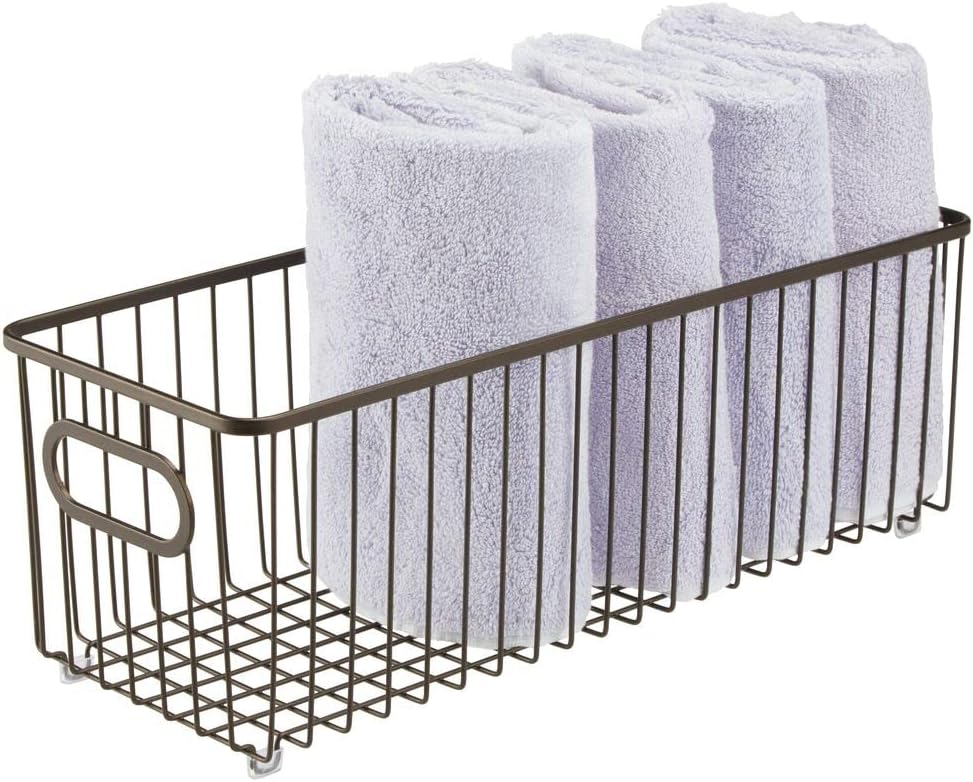 mDesign Deep Metal Bathroom Storage Organizer Basket Bin - Farmhouse Wire Grid Design - for Cabinets, Shelves, Closets, Vanity Countertops, Bedrooms, Under Sinks - Bronze
