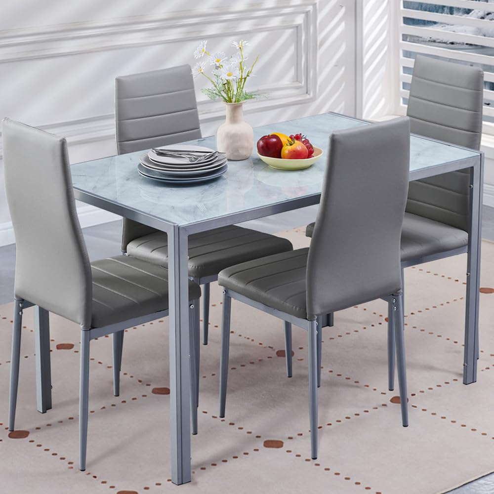 DZOVAD Dining Table and Chairs Set 4, Modern Glass Dining Table and 4 Faux Leather Chairs for Home, Living Room, Office and Cafe. Grey Marble/Grey, 5-Piece Set