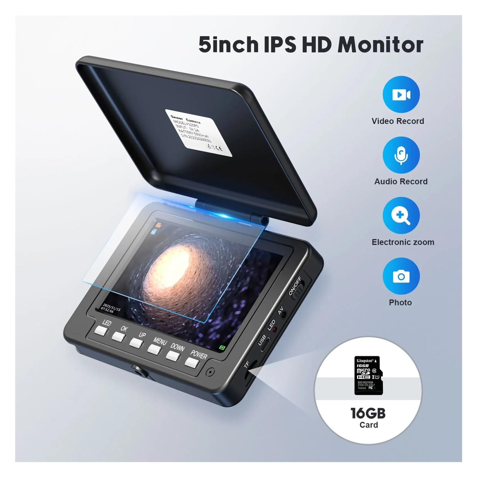 Pipe Inspection Camera With 512 Transmitter + Self-Leveling Recording +5inch DVR Drain Sewer Inspection Video Endoscope(10m)