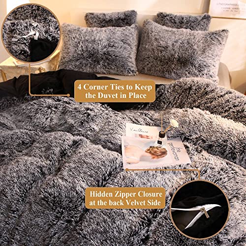 Xege Plush Shaggy Duvet Cover Set, Luxury Ultra Soft Crystal Velvet Fluffy Bedding Sets 3 Pieces(1 Furry Faux Fur Comforter Cover + 2 Fuzzy Faux Fur Pillow Cases), Zipper Closure(Queen, Black Ombre) #TOP4