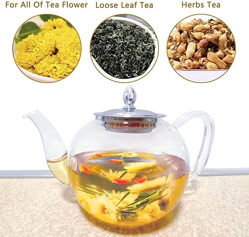 Miniatura 6 de Tetera de vidrio de 40 onzas, hervidor de té de vidrio de 40.6 fl oz con infusor extraíble para té de hojas sueltas, tetera de vidrio grueso con