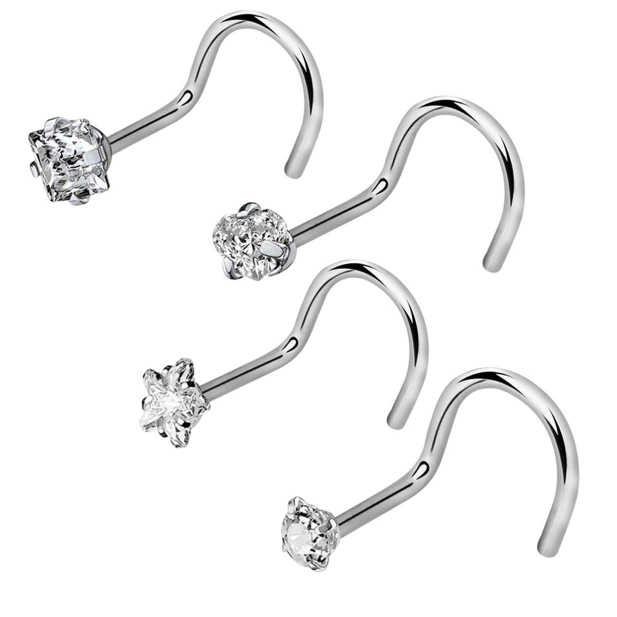EJY 4PCS Curved Nose Studs Stainless Steel Nose Rings Cubic Zirconia Piercing Body Jewelry, Screw and L Bend Shape