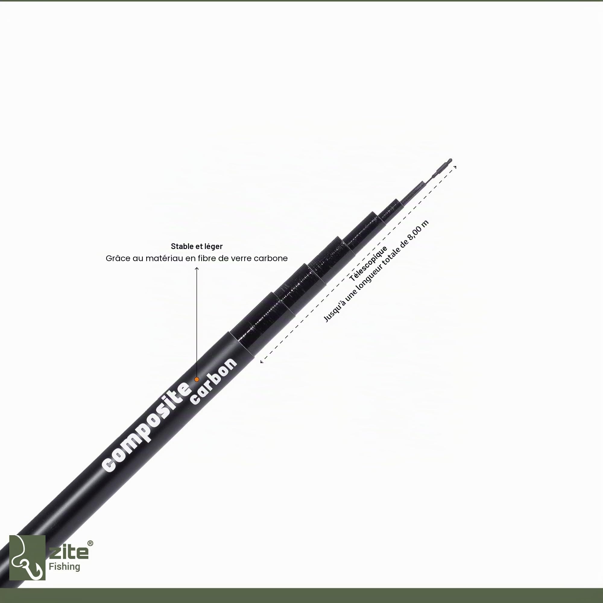 Zite Fishing Canne à pêche télescopique en carbone composite 8 m Peut également être utilisée comme canne à pêche au trésor