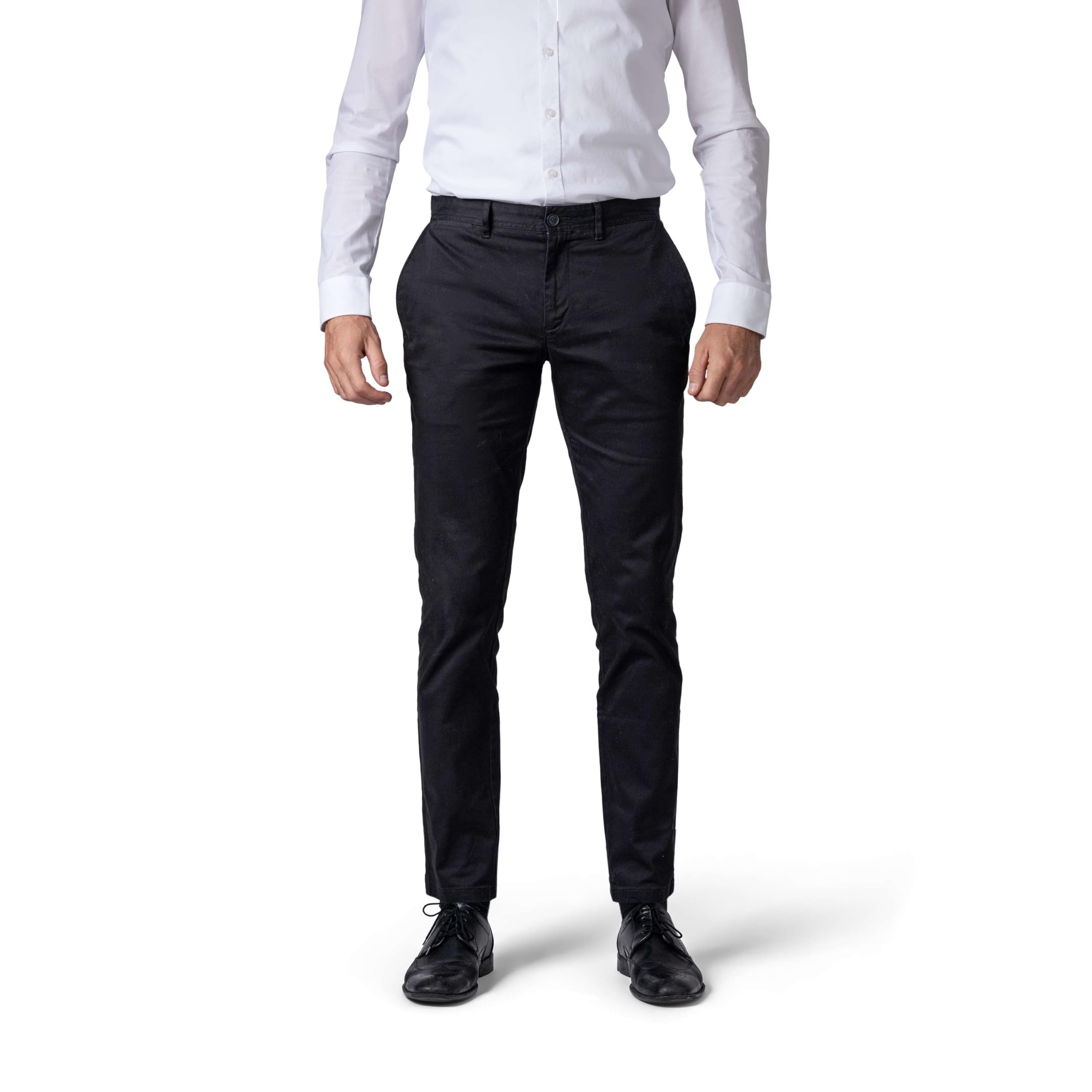 Pantalones chinos para hombre informales con ajuste ajustado elástico, Negro , 30W x 32L