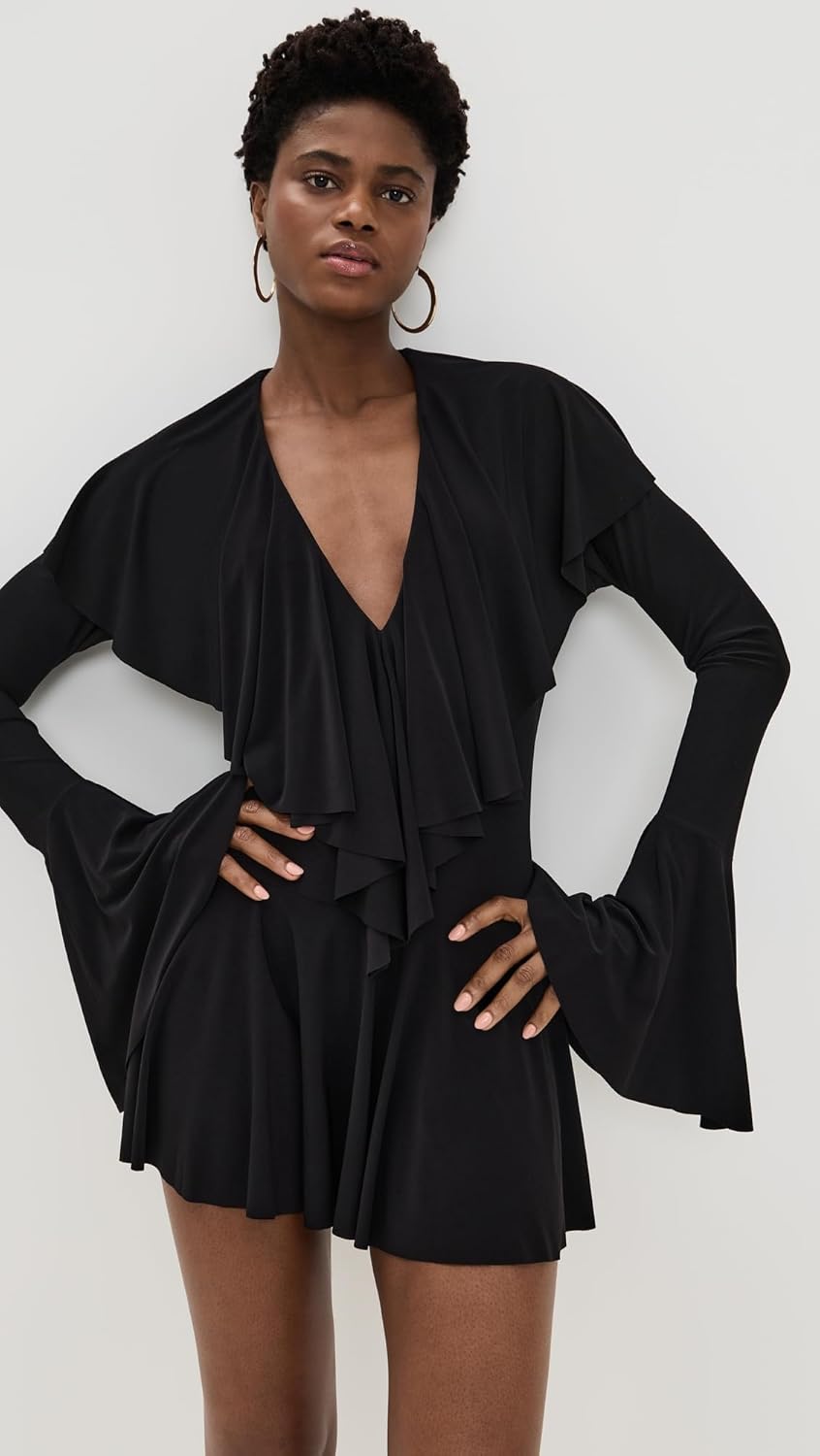 Norma Kamali Women's Long Sleeve Deep V Ruffle Mini Dress - Image 2