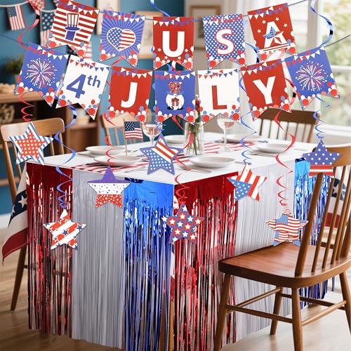 Image of 4th of July Decorations Set Red White and Blue Decorations, Including LOVE USA Banner Foil Fringe Curtains Hanging Swirls for America Patriotic Party, Memorial Day, Independence Day, Labor Day