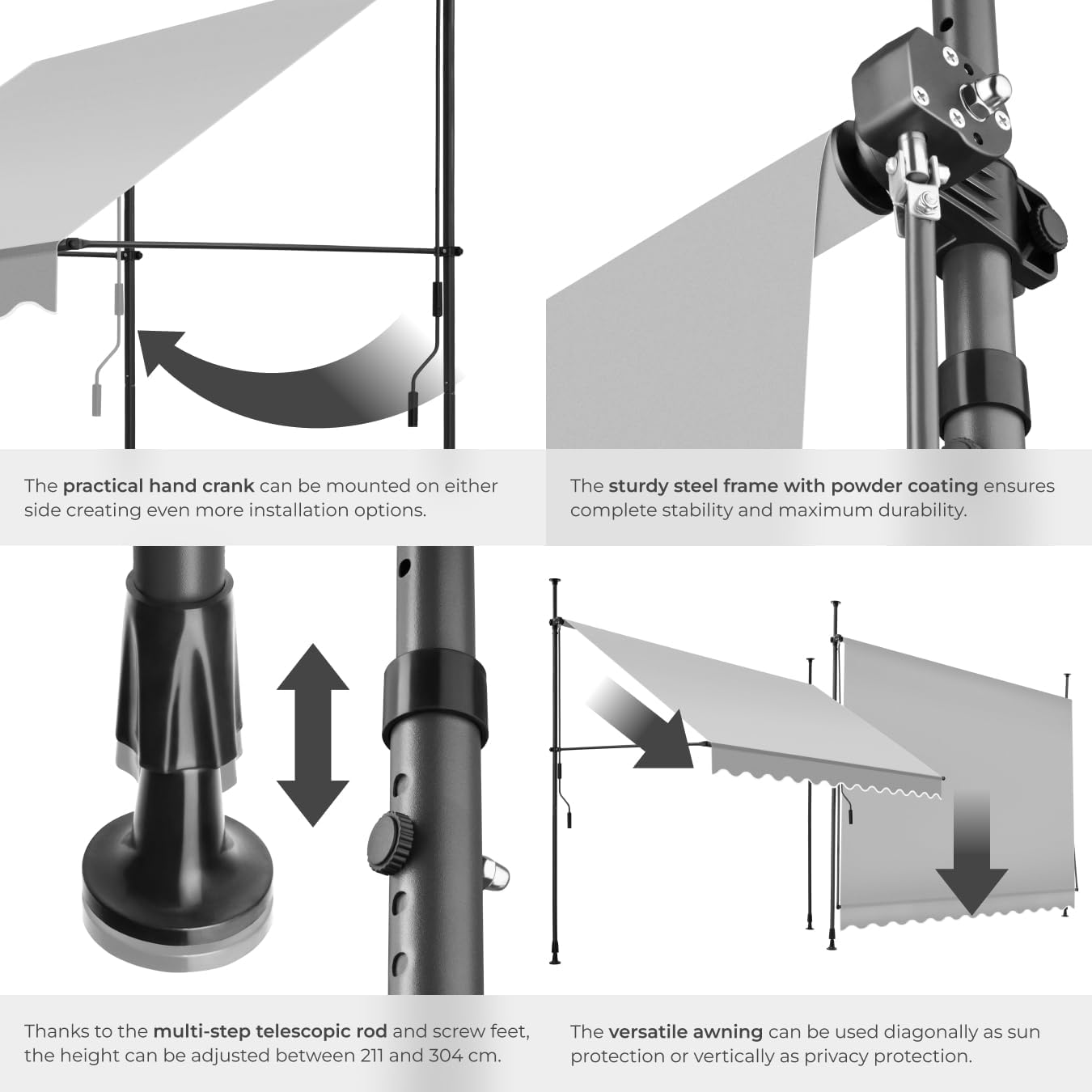 Close-up of hand crank, sturdy steel frame, adjustable height mechanism, and versatile awning angles