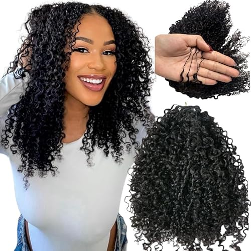 Knotless Pre-Separated Crochet Hair Extensions Kinky Curly 100% Human Hair Feather Crochet Braid Afro Kinky Curly Hair Extensions Natural Color 16Inch 120g