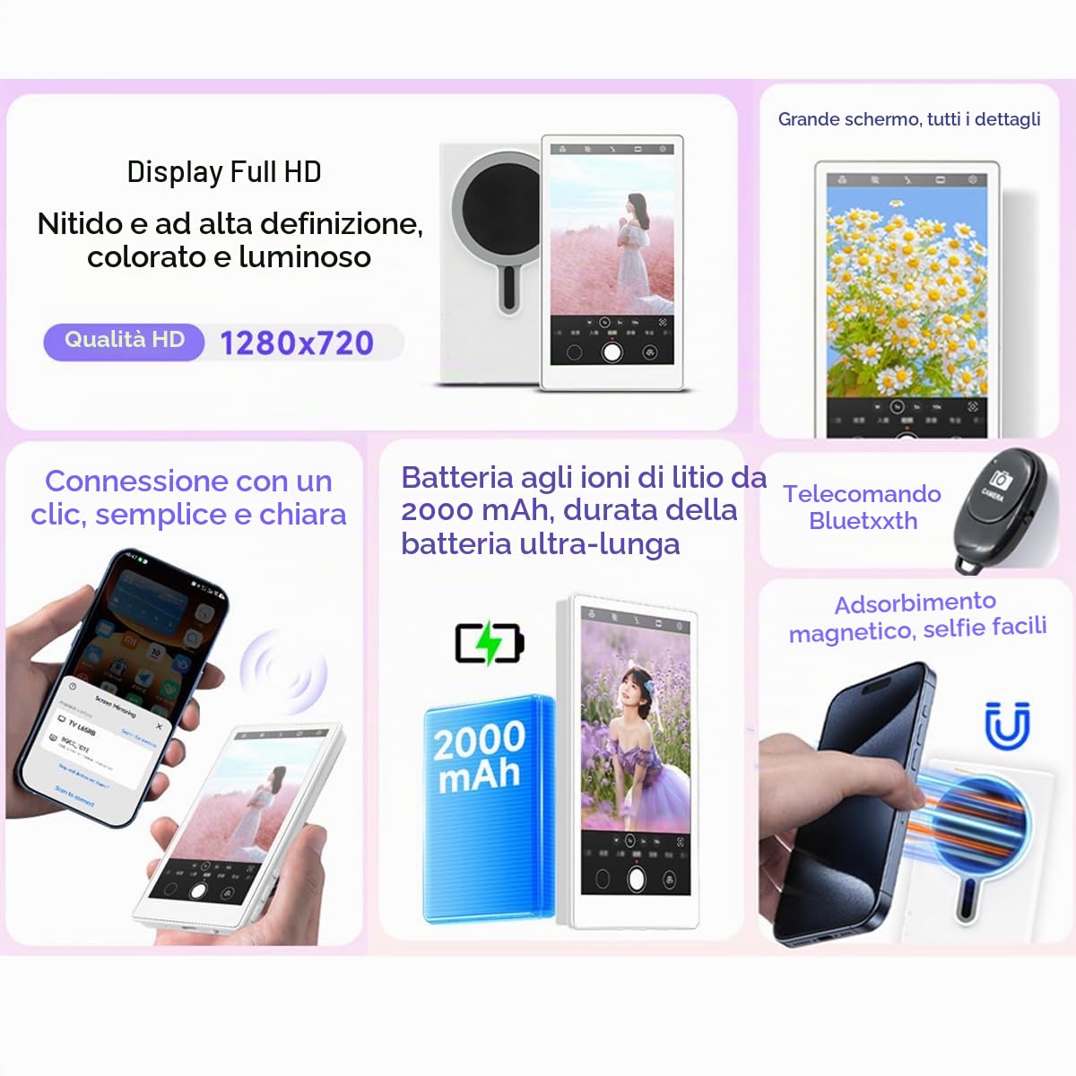 Vlog - Monitor magnetico per selfie per telefono, display wireless per selfie per iPhone e Android da 2000 mAh, con telecomando Bluetooth, luminosità a 3 livelli e modalità widescreen per