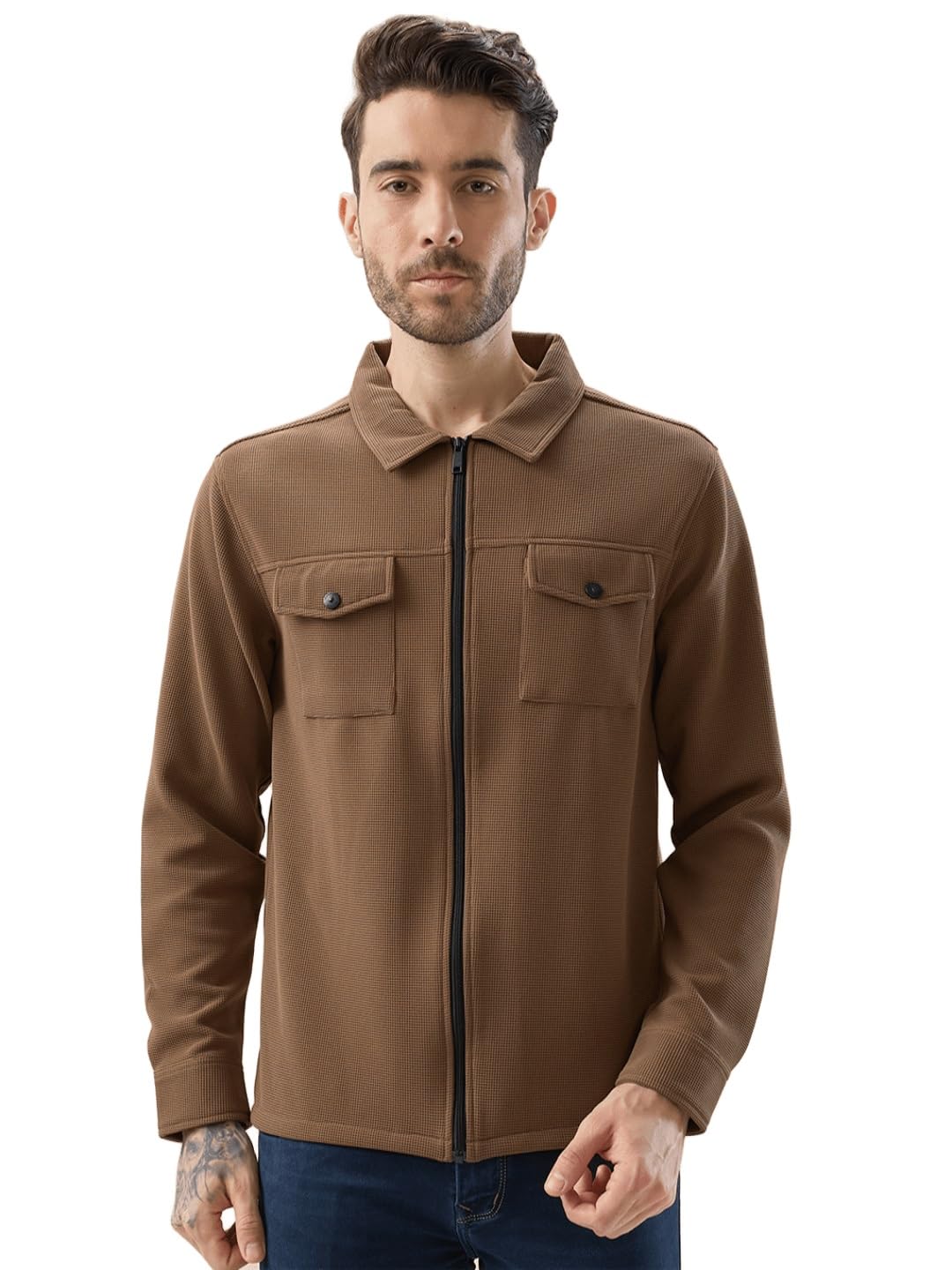 status quo Men's Solid Textured Regular Fit Shacket with Zipper Clouser | 100% Polyester-picture-28