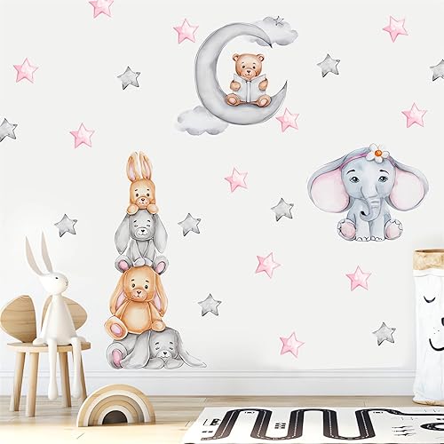 Miniatura 4 de Calcomanías de pared con diseño de oso bebé, elefante y conejo, diseño de sacinora Moon y estrellas, diseño de animales de dibujos animados,