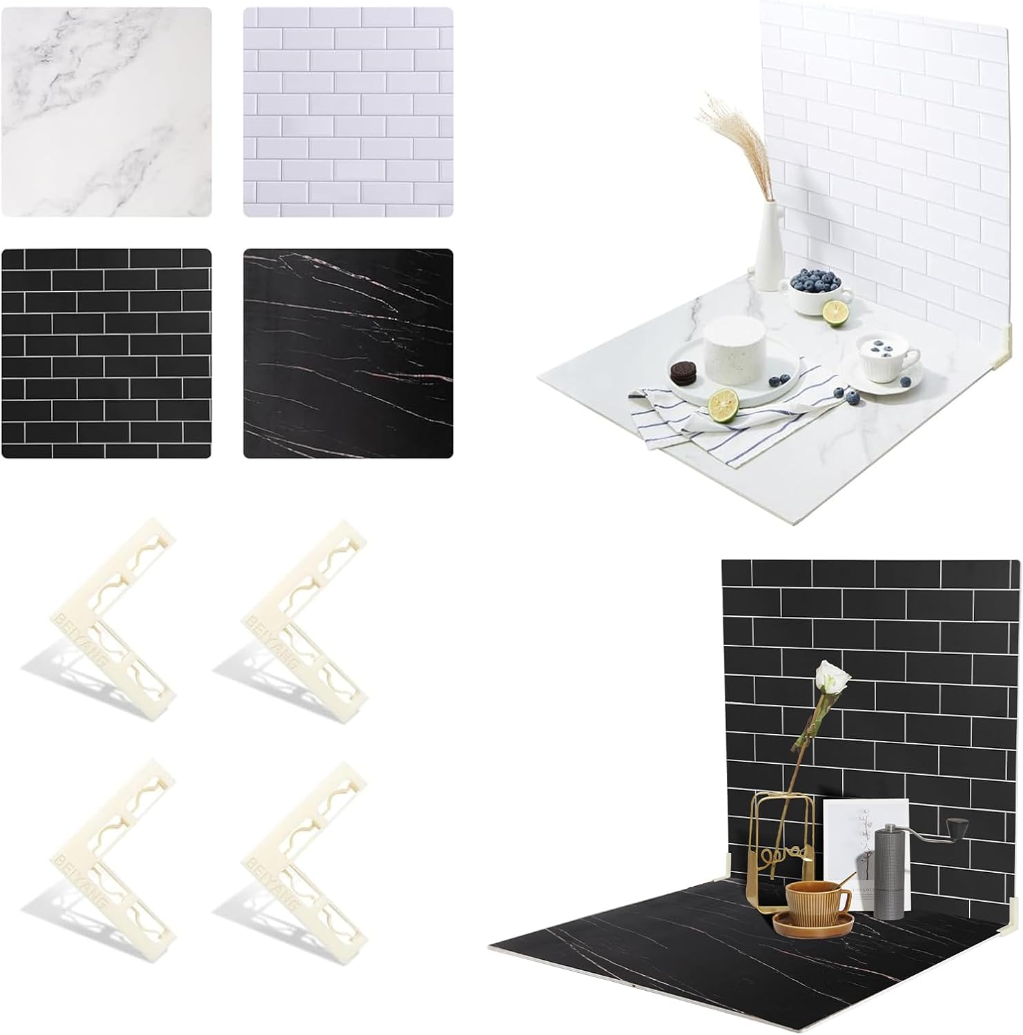 2-Sided 2 PCS Photo Backdrop Boards, Subway Tile Flat Lay Food Photography Background Board, Durable Waterproof Product Food Photography, 24x24 Inch, BEIYANG DOUBLE-MARBLE CEMENT