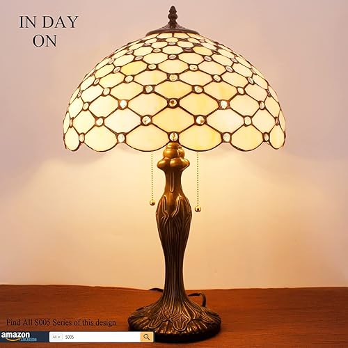 Miniatura 6 de WERFACTORY Tiffany - Lámpara de mesa de cristal de 16 x 16 x 24 pulgadas, lámpara de lectura con cuentas de perlas de color crema, luz de lectura de