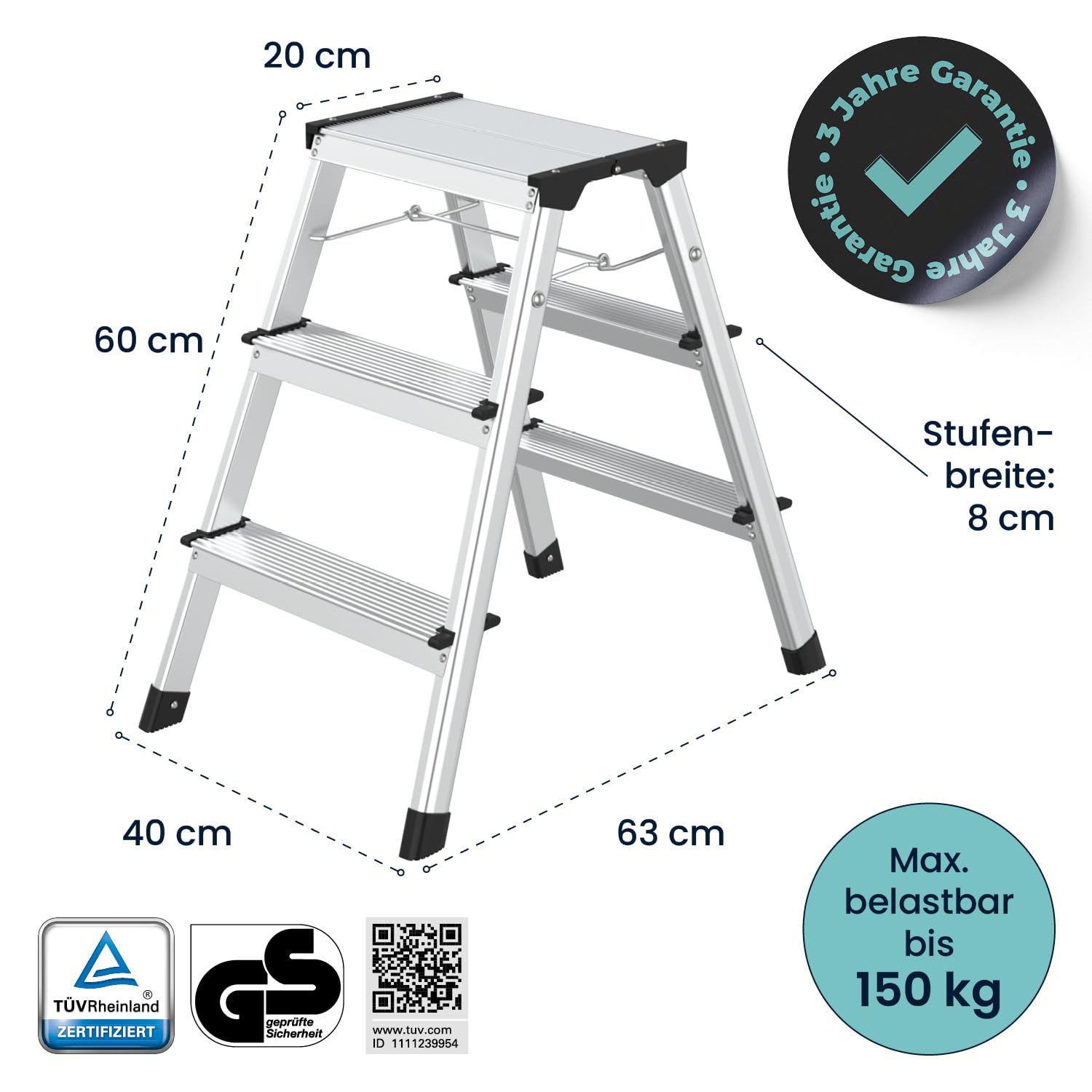 flexilife Trittleiter - Tritt Leiter Aluminium - Trittleiter 3 Stufen klappbar - Klappleiter bis 150 kg belastbar - Haushaltsleiter, Aluleiter (2 x 3 Stufen)