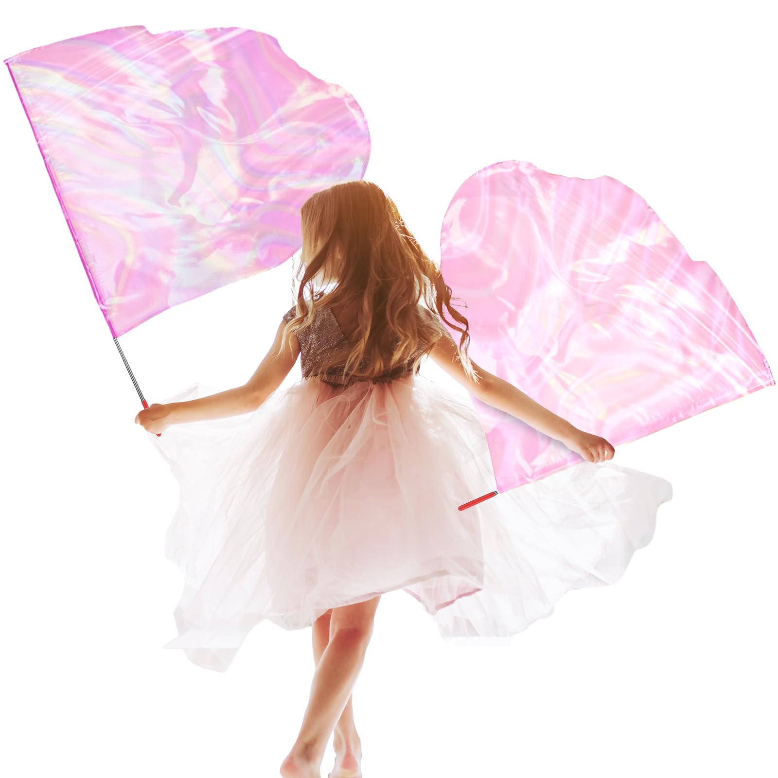Silipull 2 Pcs 32"x28" Worship Flags for Dance Church Kids Praise Dance Flag with Scalable Rod Children Semicircle Angel Wing for Outdoor Stage Performance Religious Activities(Transparent Pink)