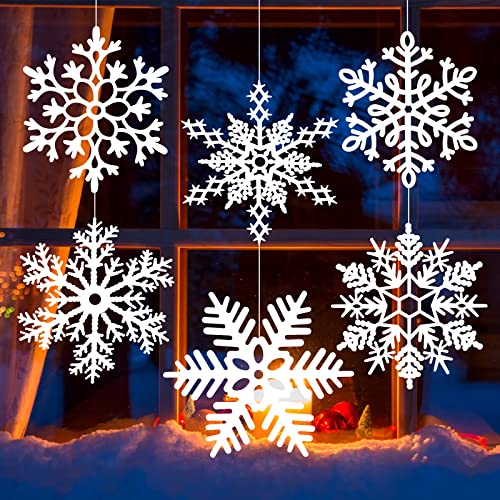 MIAHART 30,5 cm große weiße Schneeflocken-Ornamente, 6 Stück, große Kunststoff-Glitzer-Schneeflocken-Ornamente für Weihnachtsbaum, Winter, drinnen, draußen, Fenster Cover